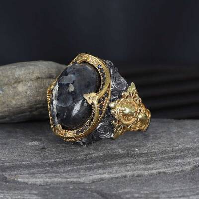 خاتم رجالي من الفضة الإسترليني عيار 925 مع حجر لارفاكيت مطلي بالروديوم - 1