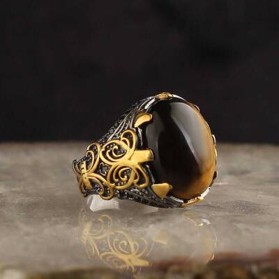 خاتم رجالي من الفضة الإسترليني عيار 925 مع حجر عين النمر مطلي بالروديوم - 3