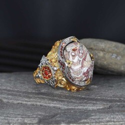 خاتم رجالي من الفضة الإسترليني عيار 925 بحجر العقيق والدانتيل مطلي بالروديوم - 2