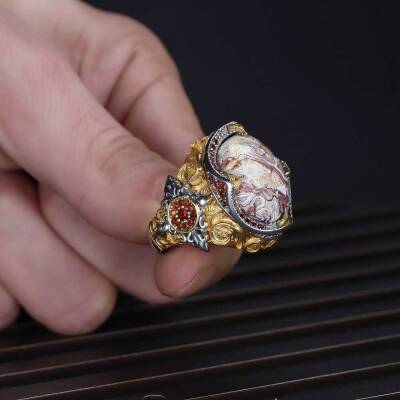 خاتم رجالي من الفضة الإسترليني عيار 925 بحجر العقيق والدانتيل مطلي بالروديوم - 3