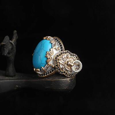 خاتم رجالي من الفضة بحجر الفيروز المطلي بالروديوم ورمز الأسد - 3