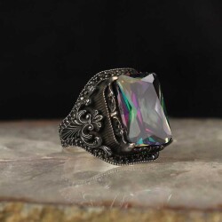 925 Sterling Silver Men's Ring With Mystic Topaz Stone - Vip Accessory