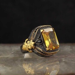 925 Sterling Silver Men's Ring With Rhodium Plated Citrine Stone - Vip Accessory