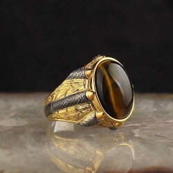 925 Sterling Silver Men's Ring With Rhodium Plated Tiger's Eye Stone - Vip Accessory