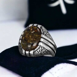 Fossil Drop Amber Stone Men's Silver Ring - Vip Accessory
