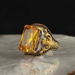 Rhodium Plated 925 Sterling Silver Men's Ring With Citrine Stone - Vip Accessory