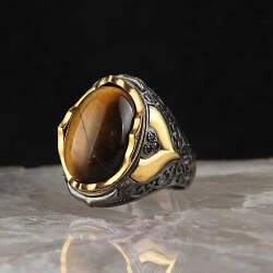Rhodium Plated Tiger Eye Stone Men's Silver Ring - Vip Accessory