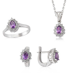 Silver Drop Model Purple Stone Women's Ring Necklace Earring Set - Vip Accessory