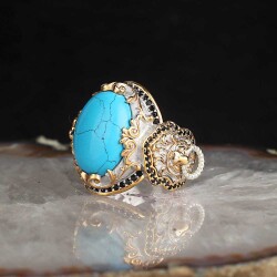 Silver Men's Ring With Rhodium Plated Turquoise Stone And Lion Symbol - Vip Accessory