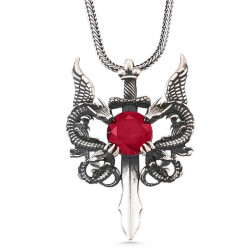 Silver Red Stone Dragon Men's Sword Necklace - Vip Accessory