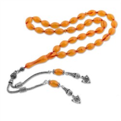 Yellow Pressed Amber Rosary With Silver Tassels - Vip Accessory