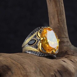 925 Sterling Silver Men's Ring With Rhodium Plated Citrine Stone - 2