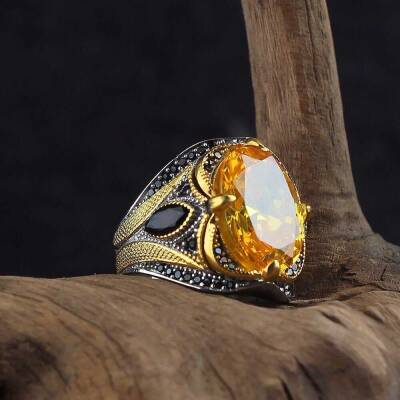 925 Sterling Silver Men's Ring With Rhodium Plated Citrine Stone - 2