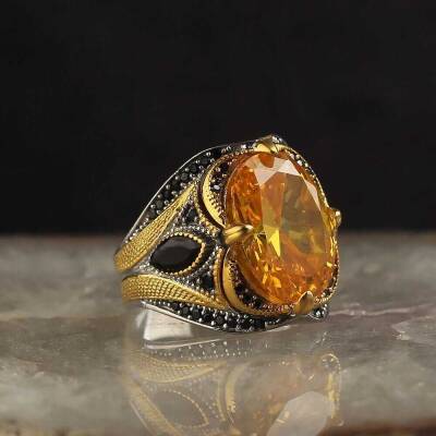 925 Sterling Silver Men's Ring With Rhodium Plated Citrine Stone - 1
