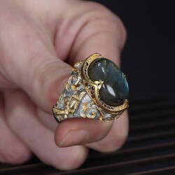 925 Sterling Silver Men's Ring With Rhodium Plated Labradorite Stone - 2