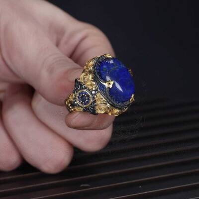 925 Sterling Silver Men's Ring With Rhodium Plated Lapis Lazuli Stone - 2
