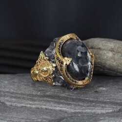 925 Sterling Silver Men's Ring With Rhodium Plated Larvakit Stone - 2