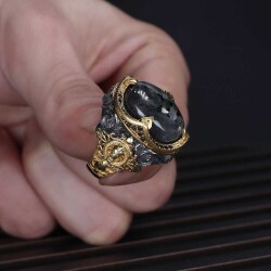 925 Sterling Silver Men's Ring With Rhodium Plated Larvakit Stone - 3