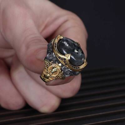 925 Sterling Silver Men's Ring With Rhodium Plated Larvakit Stone - 3