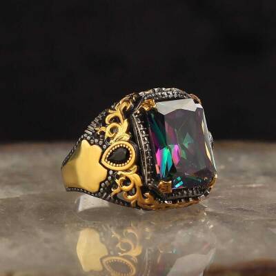 925 Sterling Silver Men's Ring With Rhodium Plated Mystic Topaz Stone - 1