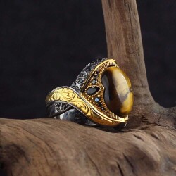 925 Sterling Silver Men's Ring With Rhodium Plated Tiger's Eye Stone - 2