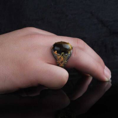 925 Sterling Silver Men's Ring With Rhodium Plated Tiger's Eye Stone - 2