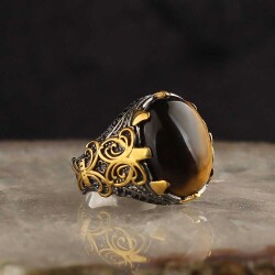 925 Sterling Silver Men's Ring With Rhodium Plated Tiger's Eye Stone - 3