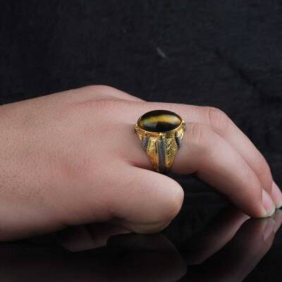 925 Sterling Silver Men's Ring With Rhodium Plated Tiger's Eye Stone - 3