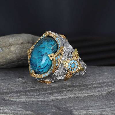925 Sterling Silver Men's Ring With Rhodium Plated Turquoise Stone - 1
