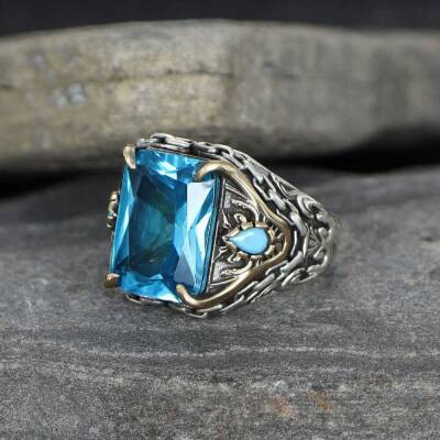 Chain Series Aqua Marine Stone 925 Sterling Silver Men's Ring - 2