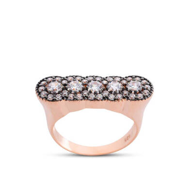 Diamond Mounted Rose Silver Five Stone Ring - 1