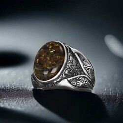 Fossil Drop Amber Stone Men's Silver Ring - 1