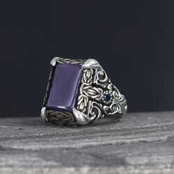 Patterned Model Amethyst Stone 925 Sterling Silver Men's Ring - 4