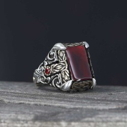 Patterned Model Red Agate Stone 925 Sterling Silver Men's Ring - 2