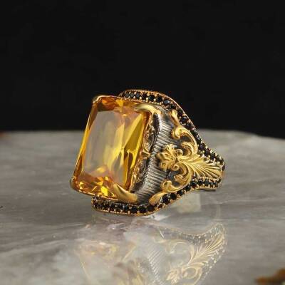 Rhodium Plated 925 Sterling Silver Men's Ring With Citrine Stone - 1