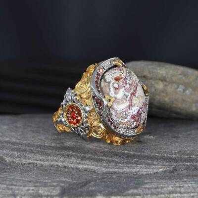 Rhodium Plated Lace Agate Stone 925 Sterling Silver Men's Ring - 2