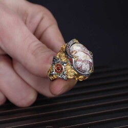 Rhodium Plated Lace Agate Stone 925 Sterling Silver Men's Ring - 3