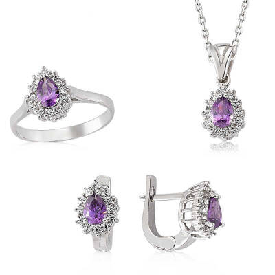 Silver Drop Model Purple Stone Women's Ring Necklace Earring Set - 1