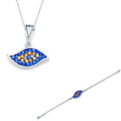 Silver Evil Eye Women's Necklace And Bracelet Set - 1