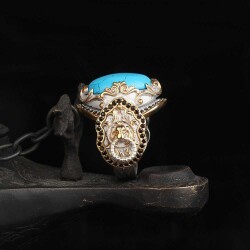 Silver Men's Ring With Rhodium Plated Turquoise Stone And Lion Symbol - 2