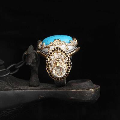 Silver Men's Ring With Rhodium Plated Turquoise Stone And Lion Symbol - 2
