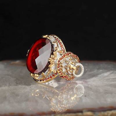 Silver Men's Ring With Rhodium Plated Zircon Stone And Lion Symbol - 1