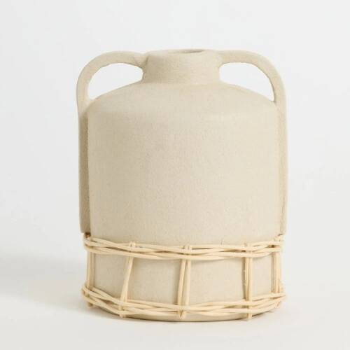 Maisonord Natural Wicker Woven Ceramic Vase with Handle - Beige - 19 cm - 2