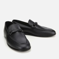 Men's Leather Black Classic Loafer with Buckle Detail - 2