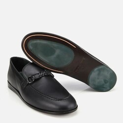 Men's Leather Black Classic Loafer with Buckle Detail - 6