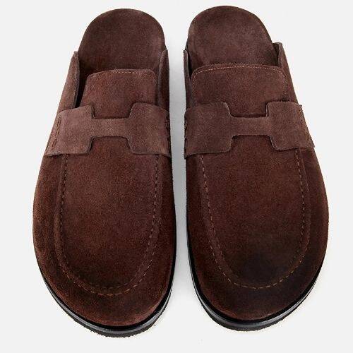 Men's Suede Leather Brown Flat Slippers - 6