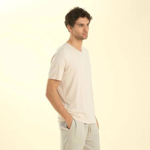 Men's V-Neck Cotton Pallas T-Shirt Beige - 4