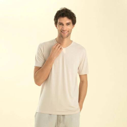 Men's V-Neck Cotton Pallas T-Shirt Beige - 2