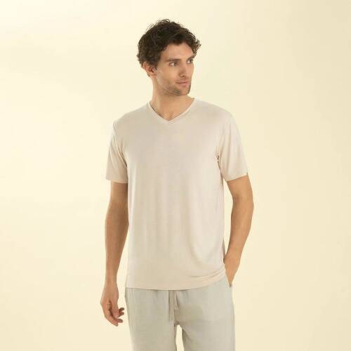 Men's V-Neck Cotton Pallas T-Shirt Beige - 3