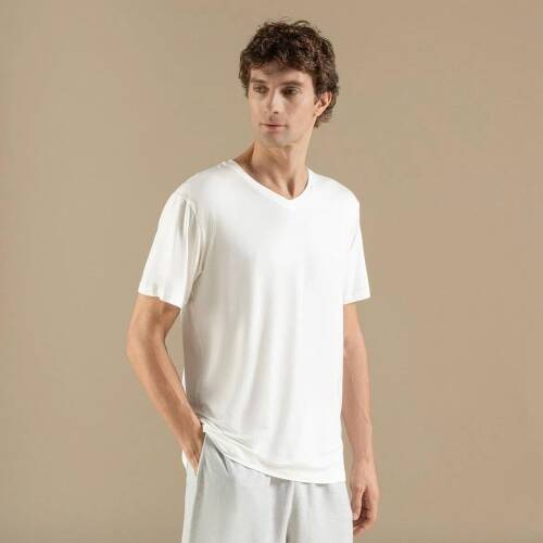 Men's V-Neck Cotton Pallas T-Shirt Ecru - 3
